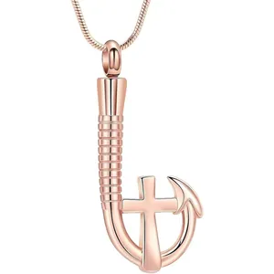 Roségoldener Angelhaken-Ascheanhänger mit Kreuz, minimalistische Edelstahl-Halskette.