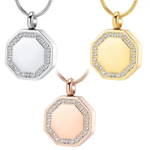 Geometric Octagon Cremation Urn Necklace For Ashes Stainless Steel Rhinestone Memorial Pendant Keepsake Ash Holder Jewelry For Women Men Pet