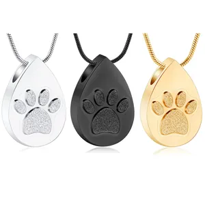 Stainless Steel Tear Drop Paw Print Urn Necklace For Pet Human Ashes Memorial Jewelry Cremation Keepsake Pendant Necklace
