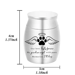 Small silver pet cremation urn with angel wings and paw print design for dogs and cats