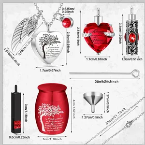 Dimensiones detalladas del set de joyas de cremación con colgantes y urna pequeña.