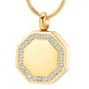 Gold octagon cremation urn pendant necklace with a sparkling crystal border detail
