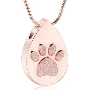 Rose gold stainless steel teardrop paw print cremation urn necklace pendant for pet ashes