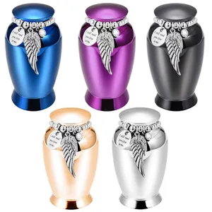 Aluminum Alloy Pet Cremation Urn Memorial Jar For Ashes With Angel Wing Heart Charm And Rhinestone Engraved Keepsake Holder