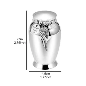 Silver memorial urn for pets or loved ones with angel wing charm and dimensions info