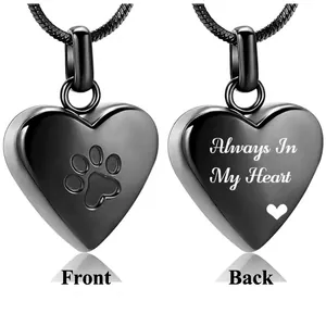 Detailed front and back views of black heart stainless steel pet cremation urn necklace