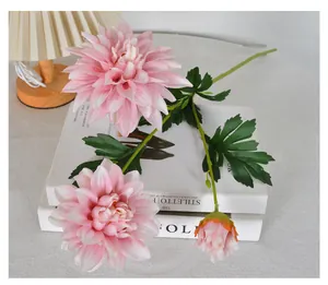 Close-up of lifelike 3-head pink dahlia artificial flower for home decor