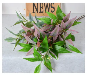 Macro detail of artificial eucalyptus leaves with realistic texture and vibrant colors