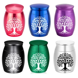 Small aluminum Tree of Life cremation urns in six colors for human and pet ashes.
