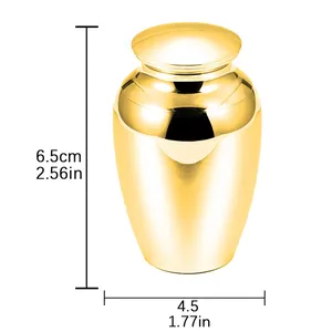 Polished golden cremation memorial urn with 6.5cm height and 4.5cm width dimensions