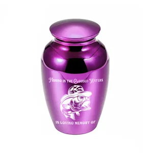 Polished purple aluminum alloy small keepsake urn with engraved memorial fishing design