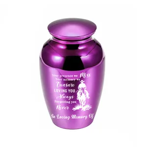 Mini purple aluminum cremation urn for human pet ashes with cowboy engraving detail