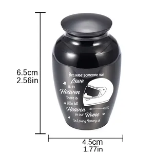 Detailed view of mini black cremation urn with motorcycle helmet design and dimensions