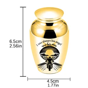 Gold aluminum cremation urn for ashes with 65x45mm size dimension details