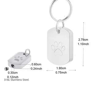 Detail showing dimensions of the 316L stainless steel paw print cremation keychain