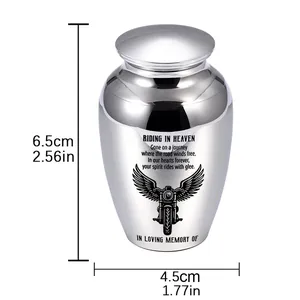 Small silver memorial cremation urn with motorcycle engraving and 6.5x4.5cm dimensions