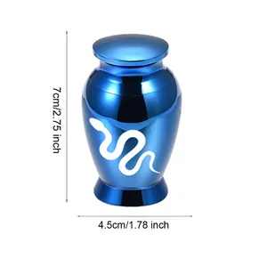 Blue aluminum cremation urn for pets or humans with snake pattern and dimensions