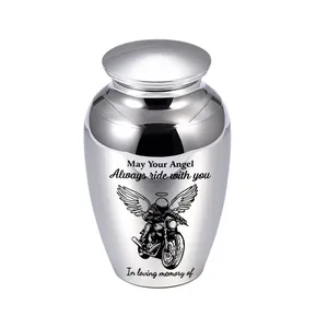 Polished aluminum memorial urn with motorcycle angel engraving and detailed text