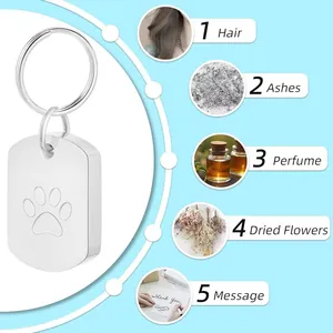 Detail view showing items like hair or perfume stored in paw print cremation keychain