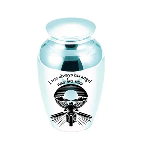 Engraved aluminum keepsake urn for human or pet ashes with motorcycle angel design