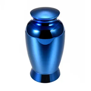 Premium glossy blue metallic mini cremation urn for pet or human ashes, size 70x45mm