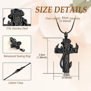 Detailed views of black antler cross urn pendant with 316L stainless steel material