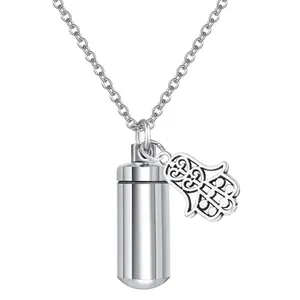 Collana per ceneri in acciaio inossidabile con ciondolo a cilindro e mano di Fatima
