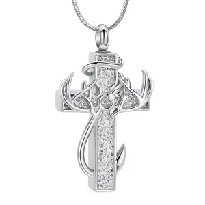 Silver deer antler cross cremation urn pendant necklace for men and pet memorial
