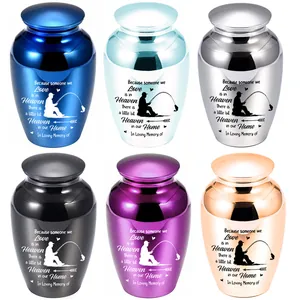 Six assorted color small cremation urns with fishing silhouette and memorial poem