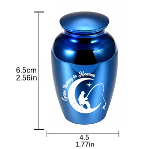 Blue aluminum pet cremation urn showing dimensions 6.5cm in height and 4.5cm in width