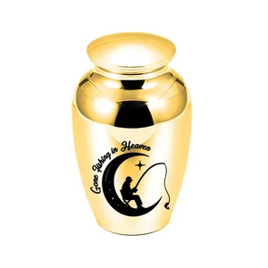 Golden aluminum alloy cremation urn featuring Gone Fishing in Heaven engraving and fisherman detail.