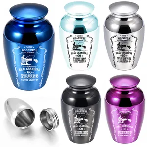 Small metal cremation urns in five colors with fishing themed memorial engraving