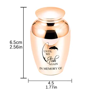 Dimensioni dettagliate della mini urna cineraria oro rosa con motivo di pesca commemorativo