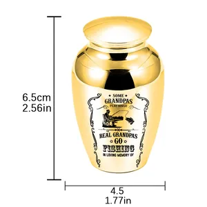 Small memorial urn with fishing theme engraving showing dimensions 45x65mm.
