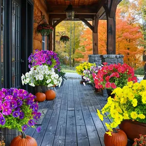Colorful artificial petunia bouquets with eucalyptus leaves for outdoor porch decor
