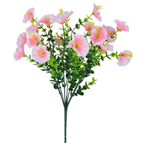Artificial pink morning glory bouquet with eucalyptus leaves for indoor outdoor decoration