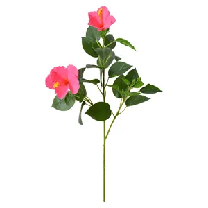 Realistischer künstlicher rosa Hibiskusblütenzweig mit grünen Blättern für die Hochzeit