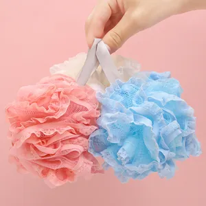 Three-pack soft mesh bath loofahs with delicate lace trim for gentle skin exfoliation