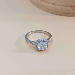Elegante verzilverde halo-ring met een sprankelende ronde zirkonia steen in het midden