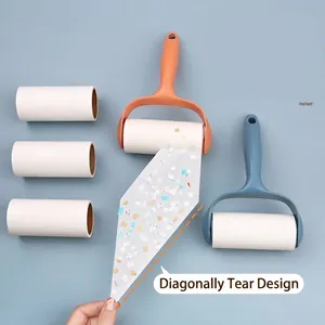 Portable lint roller with diagonal tear sheets for pet hair and clothing with refills