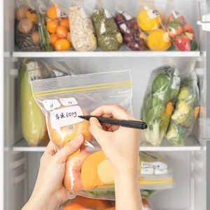 Reusable double-seal food storage bags for refrigerator organization with writable labels
