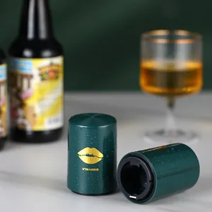 Elegant dark green automatic push-down beer bottle opener with creative golden lip design