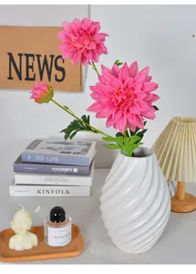 Vibrant pink 3-head artificial dahlia flower in a white spiral vase for home decor