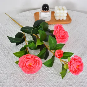 Realistic 4-head artificial pink camellia branch for home decor and floral arrangement
