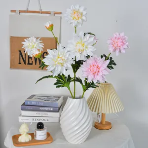 Realistic artificial 3-head dahlia flowers in white vase for elegant home decor