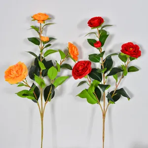 Lifelike artificial 4-head camellia flower stems in red and orange for home decor landscaping