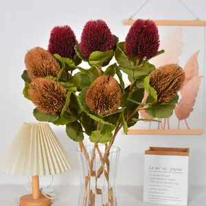 Vintage artificial Banksia flowers in autumn brown and deep red for home decor set