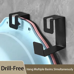 Sturdy black wall-mounted basin hooks for bathroom storage with no-drilling design