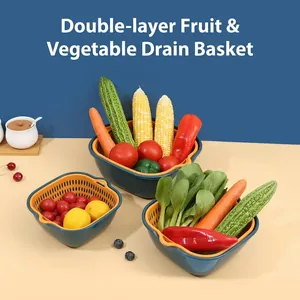 Double-layer plastic colander set for washing and draining fruits and vegetables