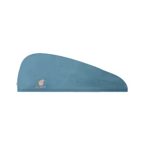 Blue microfiber quick-dry hair towel cap for women with cute squirrel embroidery